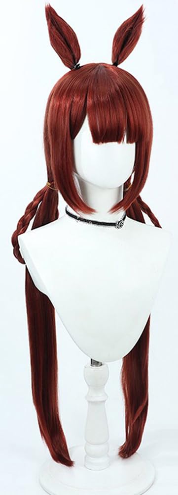 Game Cosplay Wig Red Brown Wig Long Straight Wigs Synthetic Fiber Wigs + Ears + Tail