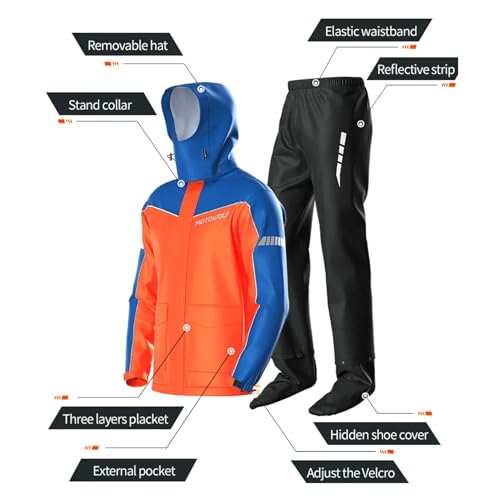 Image of Motowolf 2-Pcs Motorcycle Jacket Men & Pants, 100% Waterproof Protective Rain Gear Reflective Jacket with Hood, All-Season