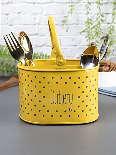 Image of MARKET 99 Yellow Polka Dot Metal Cutlery Holder | Oval Glossy Cutlery Stand for Kitchen | Knife, Fork & Spoon Organizer | Multipurpose Tabletop for Dining Table, Office Desk & Countertop