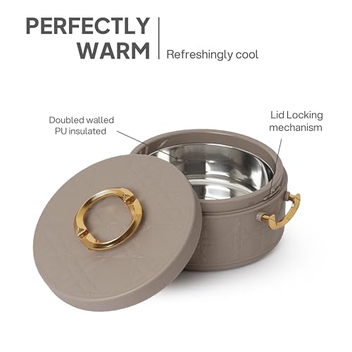 Image of CELLO Ornetto Big Set of 3 Pcs Insulated Steel Casserole Hot Box for Kitchen, Beige (1500ml, 2000ml, 2500ml) | Airtight Hot Pot Case Keeps Food Hot & Warm, Casserole Set for Roti Chapati Rice Biryani