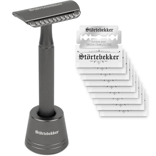 Störtebekker Premium stojak do golenia "Oslo" w zestawie z brzytwą do golenia "Oslo" w kolorze czarnym – elegancki matowy wygląd, antypoślizgowy uchwyt, masywny stojak – zestaw do golenia dla mężczyzn