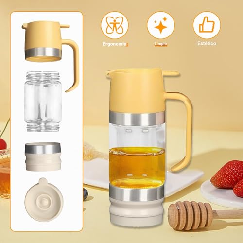 Miniatura 2 de Qivine Dispensador De Miel Antigoteo De 315ml, Transparente Dosificador A Prueba De Goteo, Almacenamiento De Botella Cristal De Miel Con Mango, Vidrio Sellado Para El Hogar Amarillo