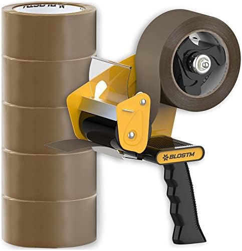 BLOSTM Tape Gun & Strong Packing Tape x 6pcs - Brown Parcel Tape Dispenser for Packing Boxes with 6 Rolls Of Brown Packing Tape Strong for Moving House, Sealing Parcel Boxes Etc.