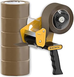BLOSTM Tape Gun & Strong Packing Tape x 6pcs - Brown Parcel Tape Dispenser for Packing Boxes with 6 Rolls Of Brown Packing Tape Strong for Moving House, Sealing Parcel Boxes Etc.