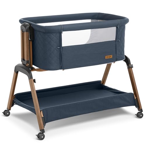 Image of Jimglo 3 in 1 Baby Bassinet, Rocking Bassinets with Comfy Mattress and Wheels, Adjustable Height Bassinet Bedside Sleeper, Easy Folding Portable Crib for Newborn (Navy Blue)