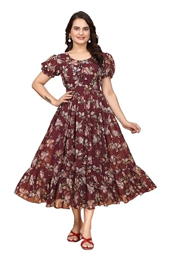 Image of Women's Georgette Dresses Floral Printed One Piece Stylish Long Maxi Western Frock Midi Dress for Women (Puffed Sleeves)