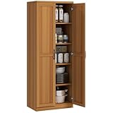 HOMCOM 63' 2-Door Kitchen Pantry, Freestanding Storage Cabinet with 5-Tier Shelving and 2 Adjustable Shelves for Dining Room, Teak Wood Grain