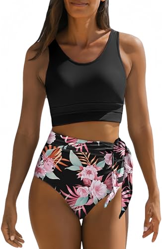 Dokotoo Bathing Suit for Women Tummy Control Fashion Floral Print 2026 Sexy Swimsuit Scoop Neck Sleeveless Tie Knot High Waisted Bikini Sets for Women Pink Medium