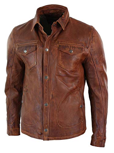 Men's Genuine Lambskin Real Leather Shirt Stylish Biker Shirt Jacket Brown