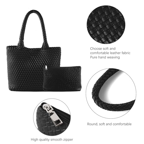 Image of Hand Woven Bag Tote BagS For Women Top Handle Shoulder Vegan Leather Large Travel Beach Hobo Handbag