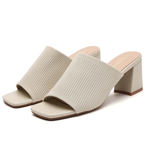 Image of Tilocow Knit Heeled Sandals for Women Square Open Toe Heeled Mules Chunky Block Low Heel Slip On Slides