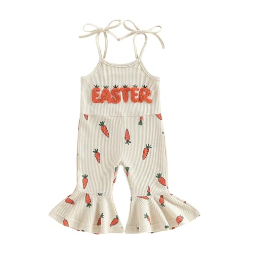 TUSFTAY Baby Girl Easter Outfit Cute Sleeveless Carrot Letters Flare Pants Romper Toddler Little...