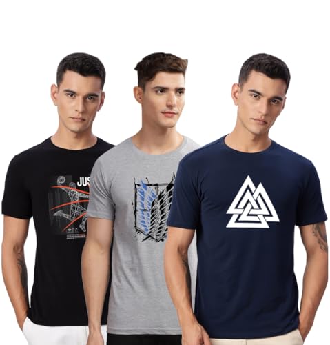 Image of ADRO 100% Cotton Lycra Tshirts for Men Combo Pack of 3 | Regular Fit | Printed T Shirt | Round Neck Half Sleeve| Mens Tshirts