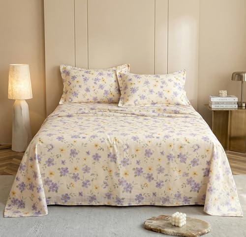 Image of BSB HOME Cloud Cotton King Size bedsheet | Flatsheet Summer Sheet with Two Pillow Covers | Super Soft Bed Sheet for King Size Bed Durable| Floral Design (270 x 250 cm, Off White & Lavender Blossom)