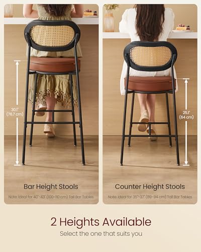 Image of VASAGLE Bar Stools Set of 2, Bar Height Stools with Rattan Back and Metal Legs, 25.1-Inch Tall Counter Chairs, Modern Leather Upholstered Barstools for Kitchen Island Dining Room, Caramel Brown