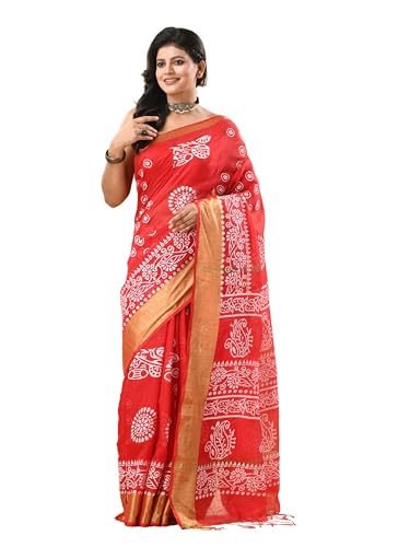 Image of WoodenTant Women's Linen Slab Cotton Blend Block Print Saree with Blouse Piece | Traditional Soft Saree (6.5m Length, 1.2m Width)