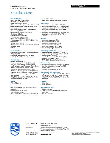 Philips 273V7Qjab 27" Frameless Monitor, Full Hd 1920X1080, Ips, Built-In Speakers, Vesa, 4Yr Advance Replacement Warranty #TOP4