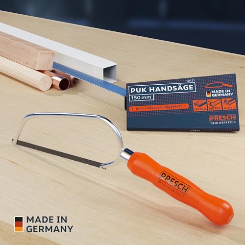 Presch Bügelsäge PUK 150mm inkl. Universalsägeblatt - Original Handsäge - Kleine Säge für Metall, Buntmetall, Kunststoff, Aluminium, alle Hölzer - Universalsäge