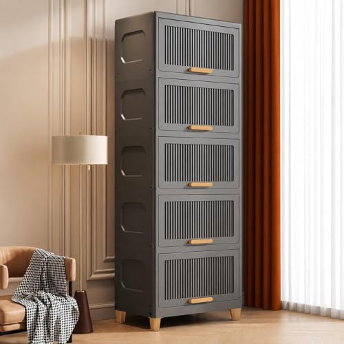 Image of Mevigo Door Plastic Wardrobe for Kids| Almirah and Wardrobe for Baby Clothes| Modular Storage Cabinet Organizer for Cupboard Standing Mat for Kitchen,Home Office,Sink-Indoor (Grey, 5- Layer)