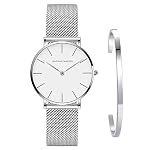 Damen Uhren Analog Quarz Edelstahl Wasserdicht Mesh Ultradünne Set mit Armreif