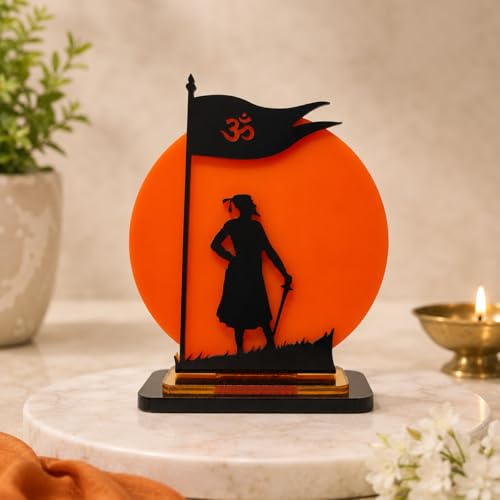Image of Chatrapati Shivaji Maharaj Acrylic Idol | Decorative Table Showpiece with Orange Background & Silhouette Design | Car, Home, Office & Gift Decor, 4 Inch