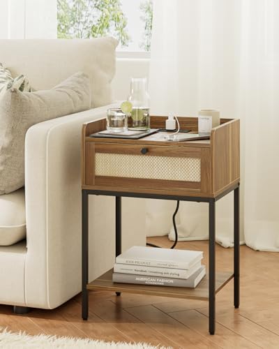 Image of Masupu Nightstand with Charging Station, Modern Bedside Table Night Stand with Storage Drawer and Shelf,Small End Side Table for Bedroom,Living Room,Walnut Brown