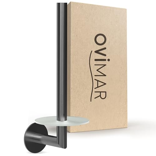 ovimar Ersatzrollenhalter Sentraltind Gunmetal zum Kleben 3M | aus Edelstahl und Glas | Toilettenpapier Rollen Aufbewahrung ohne Bohren selbstklebend bis zu 2 Rollen | auch als Küchenrollenhalter
