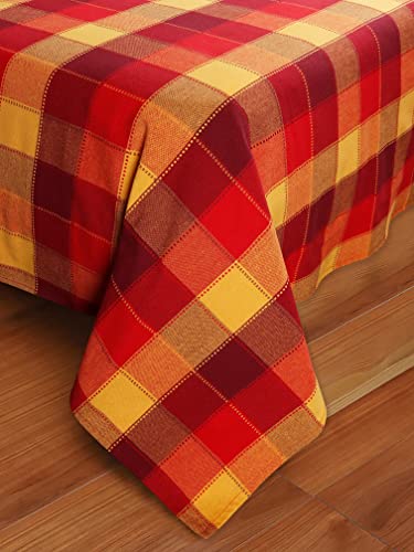 Image of AIRWILL, 200GSM Handloom Cotton Double Bedsheet with 2 Pillow Covers, Dobby Checks Designer Weaved Red, Yellow and Maroon Combo - Pack of 3 pcs