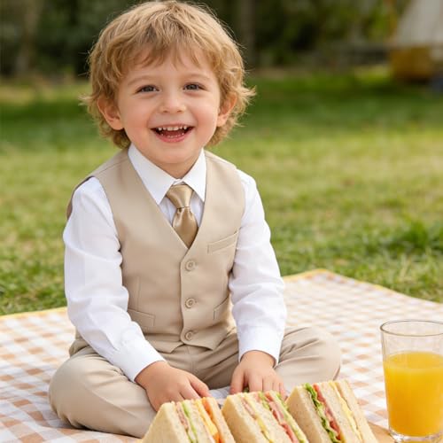Image of Baby Boy Formal Suit for Toddler Infant Tuxedo Dress Suits | Little Gentleman, Wedding Ring Bearer Outfit, Vest Pants Long-Sleeve Shirt Tie, Birthday Party Christmas Prom, Classic