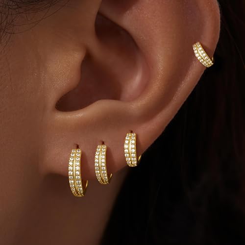 Image of Small Gold Huggie Hoop Earrings Set for Women Men Hypoallergenic 14K Plated Stack Cartilage Earrings, Sterling Silver Multiple Piercing Lightweight Mini Thin Cute Dainty Trendy Jewelry Gifts for Women