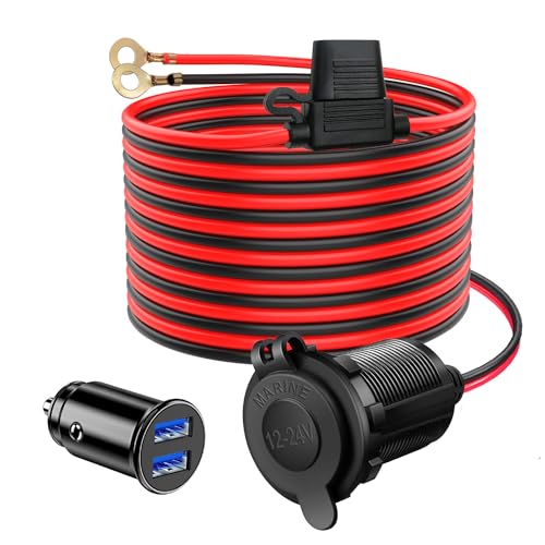 2M Cable de Extensión para Mechero de Coche a Enchufe 14AWG con Fusible 20A Adaptador de Encendedor de Cigarrillos Cable,12V/24V Mini Doble USB Cargador de Coche Enchufe de Mechero