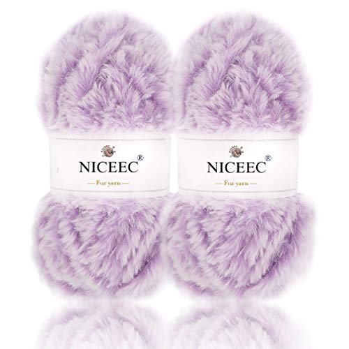 Image of NICEEC 2 Skeins Faux Fur Yarn Super Soft, Chunky & Fluffy, Eyelash Yarn for Crochet & Knitting (Total Length 70yds,3.53oz) - Purple