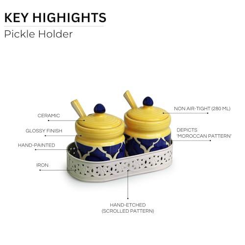 Image of ExclusiveLane 'Moroccan' Ceramic Pickle Jars For Dining Table Ceramic Container With Spoons & Iron Tray (Non Air-Tight, Set Of 2, 280 ml) Jars For Kitchen Storage Pickle Jar For Storage,Multicolor