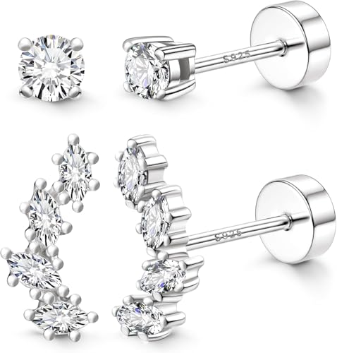 Diamday 2ペア シルバー925 ピアス レディース 人気 金属アレルギー対応 スタッドピアス ジルコニア 軟骨ピアス 小さい ピアス つけっぱなし シンプル 女性 アクセサリー (シルバー-葉CZ/セット3)