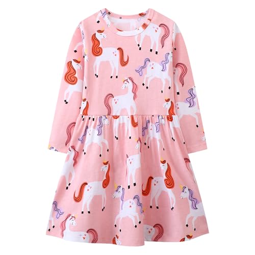 Baogaier Mädchen Kleider Langarm Rosa Pferd Druck Kinder Baumwolle...