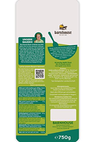 Barnhouse Krunchy Apfel-Zimt, Bio Hafer-Knuspermüsli aus Bayern, mit köstlichen Apfelstückchen und aromatischem Zimt, 1 x 750 g