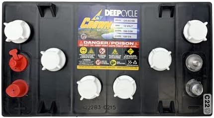 Top view of a Crown CR-GC150 battery showing the six fill caps and terminals.