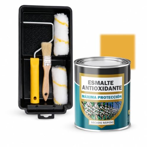 SPSIL Esmalte Antioxidante Oro 750ml + Kit Pintura 5 Piezas, Secado Rápido Aplicación Directa Sobre Óxido, Interior Exterior para Metal y Madera