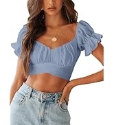 LYANER Women's Ruffle Short Sleeve Tie Up Back Crop Top Off Shoulder Bardot Blouse