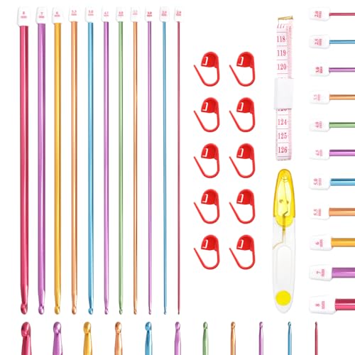 Agujas de ganchillo tunecinas de 27 cm GZRXIOUS, juego de 32 piezas de aluminio de 2.0 a 8.0 mm