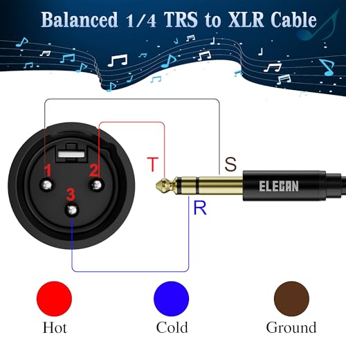 Elecan 6.35mm (1/4 Inch) TRS Male to XLR Male Cable 25 Ft, Balanced Professional Shielded Stereo Microphone Cable Cord, Gold Plated for Mixer AMP Speaker Amplifier with 6.35 to 3.5mm Adapter+Ties