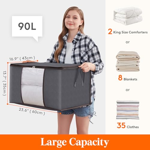 Lifewit 90L Clothes Storage Bags Large Storage Box With Lid Packing Boxes for Moving House With Reinforced Handle Thick Fabric Clear Window for Clothes Duvet Blankets Bedding, 3 Pack, Grey Lifewit 90L Clothes Storage Bags Large Storage Box With Lid Packing Boxes for Moving House With Reinforced Handle Thick Fabric Clear Window for Clothes Duvet Blankets Bedding, 3 Pack, Grey