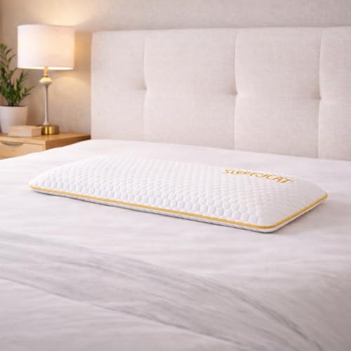 Image of SleepyCat Slim Memory Foam Pillow | 2.5 Inch Thin Support Pillow for Spine Alignment & Pain-Relief | Premium Bamboo Zipper Cover (Standard Size, 24.5 X 15 inches, White)-Set of 2