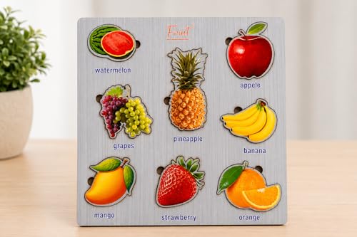 Image of Wooden Name Puzzle for Toddlers 2+ Years | Montessori Letter Matching & Name Recognition Learning Toy | Alphabet Educational Puzzle for Preschool Boys & Girls (Fruit)