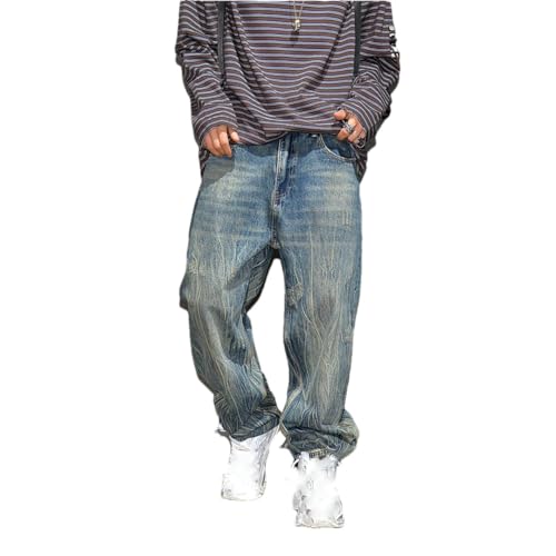 Men’S Vintage Hip Hop High Street Skateboard Baggy Denim Cargo Pants Slim Fit Full Length Button Fly Distressed Trousers