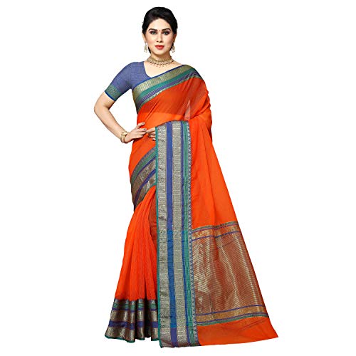 Image of StyleScope Women's Kota Doria Cotton Zari Weaving Temple Bordered Plain Saree With Cotton Blend Unstitched Blouse Piece (Kanganaa)