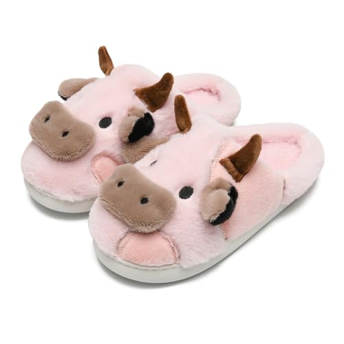 sharllen Fluffy Cow Slippers Novelty Cute Animal Fuzzy House Slipper for Women All Pink 250