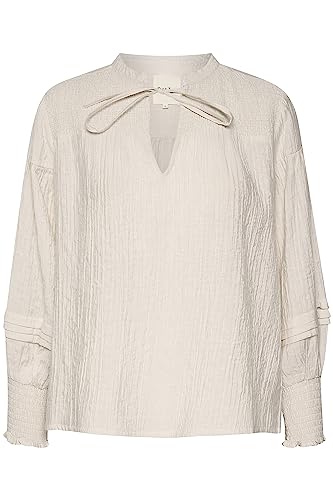 Part Two Women's Blouse V-Notch Neckline with Tying String Balloon Sleeves, Whitecap Gray, 10 (S)