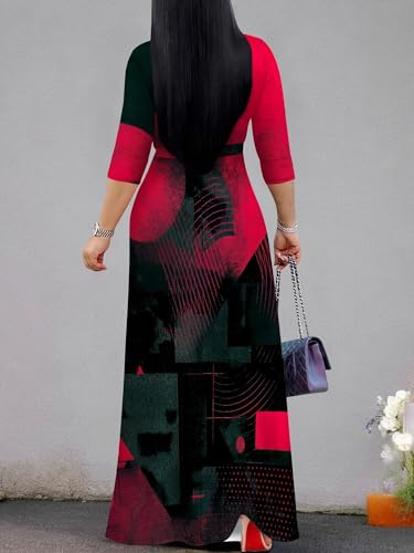 Image of Womens Plus Size Maxi Dresses Casual 3 /4 Sleeve Sundress Fall Wedding Guest Dress with Belt
