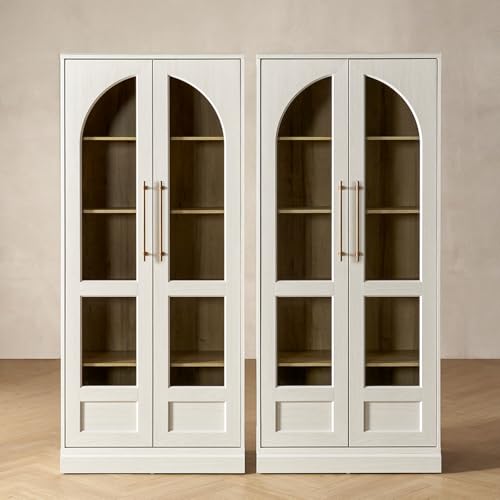 mopio Blake Tall Display Cabinet Kitchen Buffet Pantry Cupboard Trophy Display Case Storage Cabinet Scratch Resistant Acrylic Modern Farmhouse Curio Organizer (White Oak Arched Set of 2)